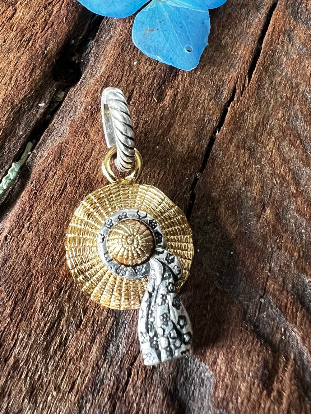 BRIGHTON Straw Hat Pendant Dangle Two Tone Gold Fine Silver Plated Large Charm